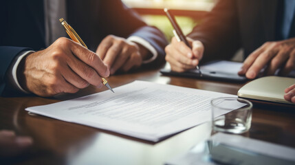 Close-up view of hands signing a document, with multiple individuals engaged in a business meeting around a table.