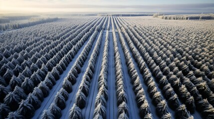 Aerial View of Snow-Covered Christmas Trees, aerial view, Christmas tree farm, snow-covered trees, winter landscape