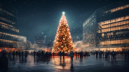 Towering Christmas Tree in Festive Square, city square, Christmas tree, holiday celebration, vibrant lights - obrazy, fototapety, plakaty