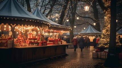 Christmas Stalls and Decorated Tree, Christmas market, festive stalls, decorated tree, holiday season