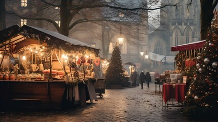 Fototapeta na wymiar Christmas Stalls and Decorated Tree, Christmas market, festive stalls, decorated tree, holiday season