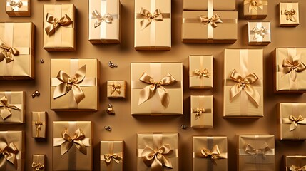 Overhead View of Wrapped Christmas Gifts on Gold Background, Christmas gifts, elegantly wrapped, gold background, overhead view