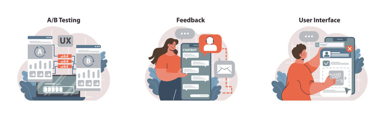 UX Design set. Digital AB testing, user feedback collection, streamlined mobile interface. Seamless navigation, enhanced user engagement. Flat vector illustration