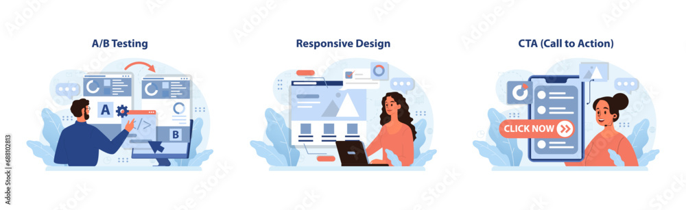 Poster digital marketing set. man compares a b tests, woman enjoys responsive web layout, user engages with