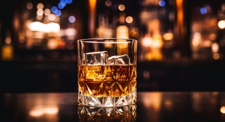 Glass of whiskey with ice cubes on wooden bar counter