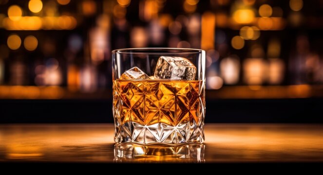 Glass of whiskey with ice cubes on wooden bar counter