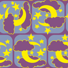 Fototapeta na wymiar Starry night seamless vector pattern with moon, stars and clouds. Boho style decorative background for wallpaper, digital paper, wrapping design, fashion fabric, textile print. Hand drawn illustration