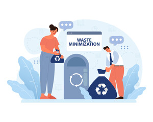Waste Minimization in Action concept. Individuals diligently segregate trash, emphasizing the importance of reducing waste. Eco-conscious choices, proper disposal. Flat vector illustration.