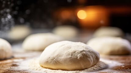 Close up homemade dough with flour, culinary background with copy space.