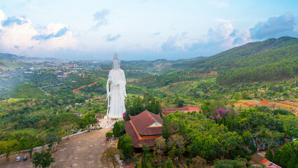 Aerial view of Linh An Pagoda, DaLat city, Lam Dong province, Vietnam. A statue is white and 71...