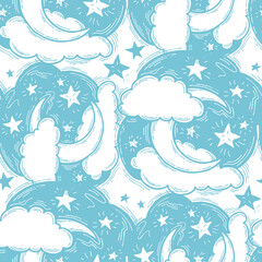 Starry night seamless vector pattern with moon, stars and clouds. Boho style decorative background for wallpaper, digital paper, wrapping design, fashion fabric, textile print. Hand drawn illustration