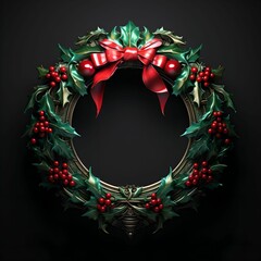 Fototapeta na wymiar Festive Green Wreath with Red Berries, stylized illustration, green wreath, red berries, festive decor