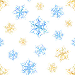 Fototapeta na wymiar Winter snowflake seamless pattern with gold and blue colors, on isolated white or transparent background. Vector illustration.