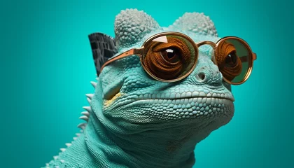 Foto op Plexiglas Portrait of artistically posing chameleon in jacket with stylish glasses © Bold24