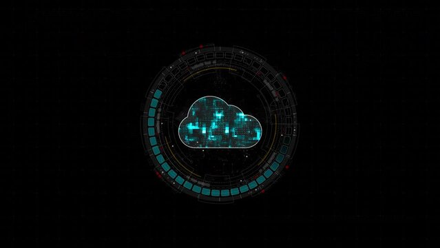Motion graphic of Blue digital cloud computing logo and circle futuristic HUD elements with storage big data backup concepts on abstract background