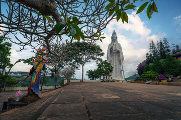 Aerial view of Linh An Pagoda, DaLat city, Lam Dong province, Vietnam. A statue is white and 71 meters high, near Thac Voi - Elephant waterfall