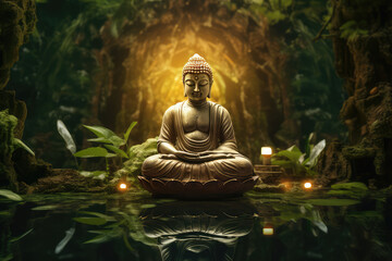 Glowing buddha meditating in nature - obrazy, fototapety, plakaty