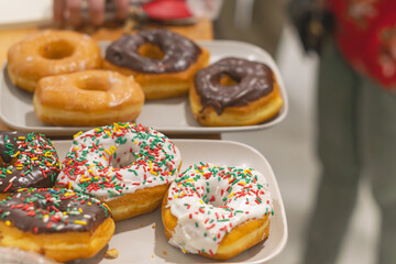 Fresh donuts on display ready to eat