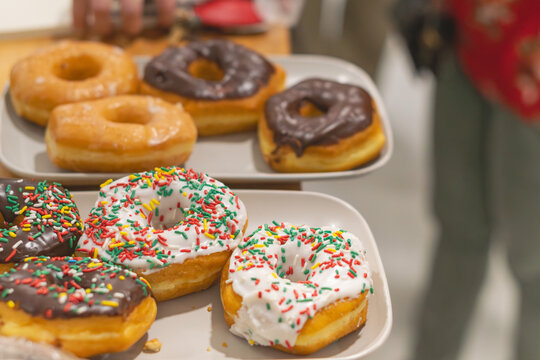 Fresh donuts on display ready to eat