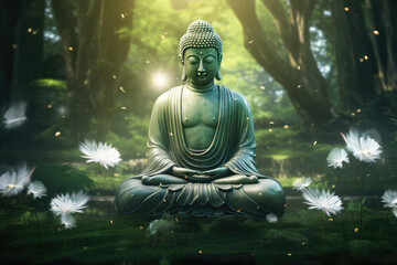 Glowing buddha meditating in nature