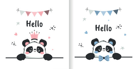 Cute panda bear. A girl and a boy. Vector illustration for postcards, invitations, covers, banners, posters and more. © Alyona 