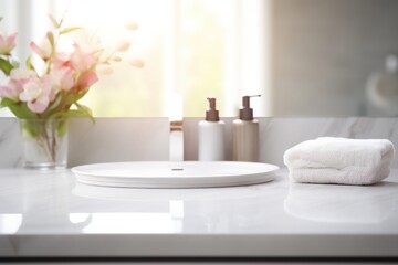 Marble table top with blurred bathroom interior background - obrazy, fototapety, plakaty
