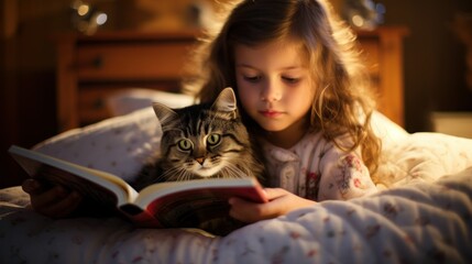 Little girl reading a book before bed with her cat - obrazy, fototapety, plakaty