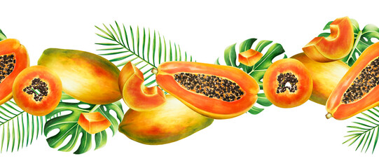 Marker seamless border with sweet ripe slice of papaya with grains, tropical leafs, monstera in watercolor style. Hand drawn realistic tasty organic illustration of exotic tropical fruit iso