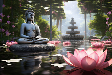 Glowing buddha with lotuses flowers in zen garden