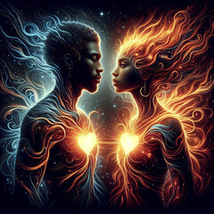 Twin flame couple. Soulmates. The concept of magical, esoteric, tantric, spiritual love. Connection between souls. Illustration for websites and much more. Created using generative ai tools.