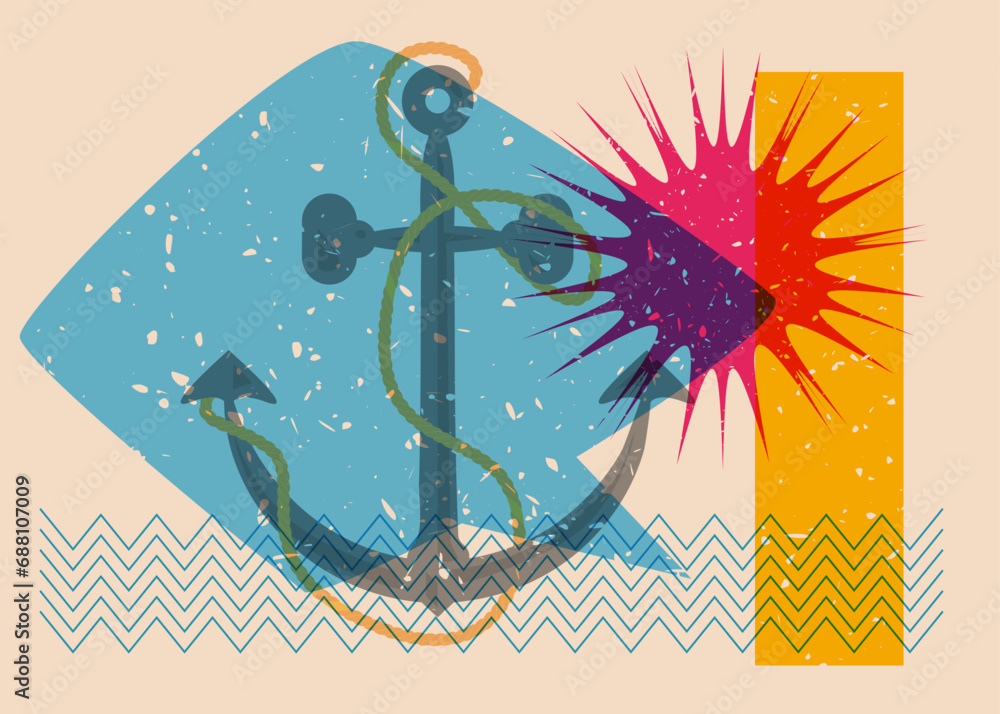 Poster risograph anchor and speech bubble with geometric shapes. nautical object in trendy riso graph desig