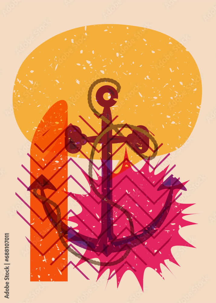 Poster risograph anchor and speech bubble with geometric shapes. nautical object in trendy riso graph desig