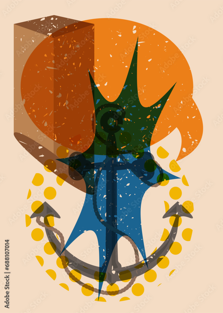 Poster risograph anchor and speech bubble with geometric shapes. nautical object in trendy riso graph desig
