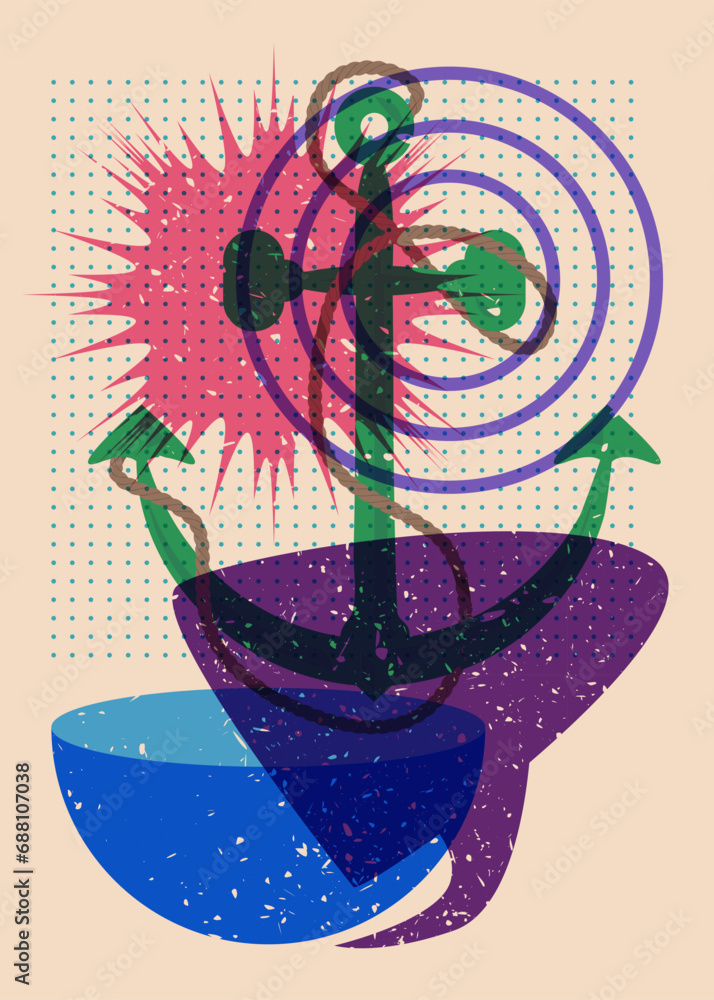 Poster risograph anchor and speech bubble with geometric shapes. nautical object in trendy riso graph desig