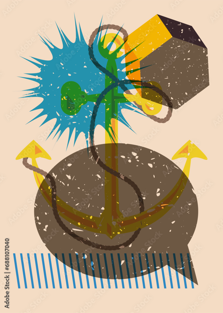 Poster risograph anchor and speech bubble with geometric shapes. nautical object in trendy riso graph desig
