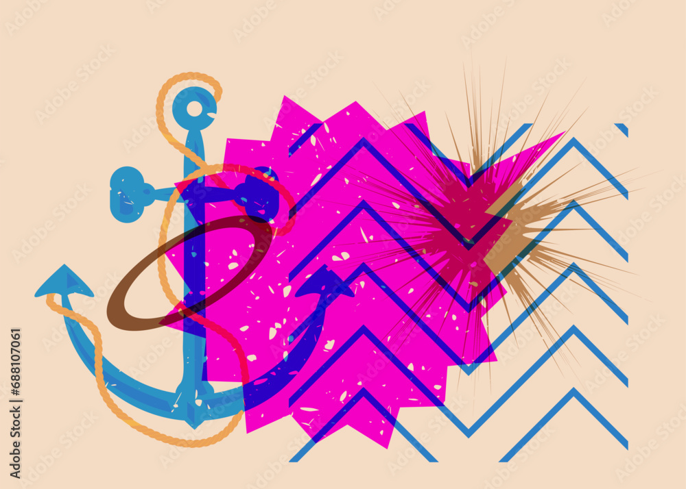 Poster risograph anchor and speech bubble with geometric shapes. nautical object in trendy riso graph desig