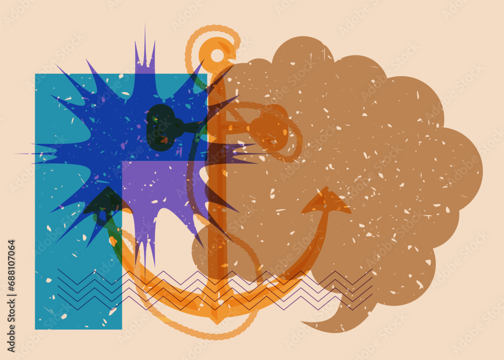 Poster risograph anchor and speech bubble with geometric shapes. nautical object in trendy riso graph desig