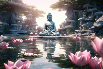 Glowing buddha with lotuses flowers in zen garden - obrazy, fototapety, plakaty
