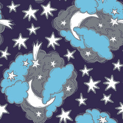 Starry night seamless vector pattern with moon, stars and clouds. Boho style decorative background for wallpaper, digital paper, wrapping design, fashion fabric, textile print. Hand drawn illustration