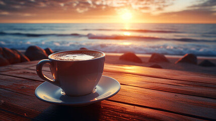 Hot cup of coffee on beach table with calm ocean and setting sun in background, AI Generated - obrazy, fototapety, plakaty