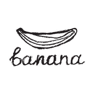 Banana symbol on white background for bananas bread packs, bananas milk package and bananas fruit brand logo template design. Banana vector illustration with hand-drawn crayon texture.