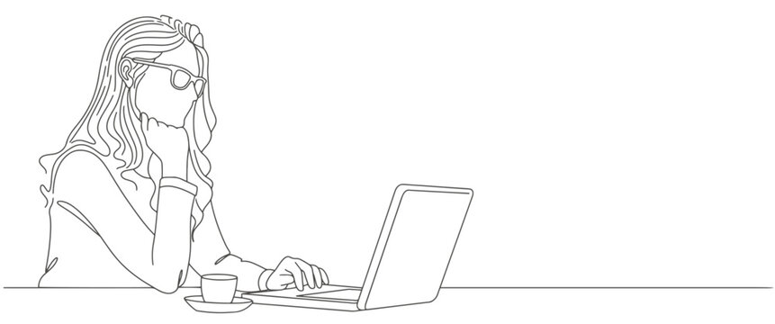 person in the office. Line art woman writing and study with help laptop.line art drawing of a woman. Business concept. Beautiful woman sits on the floor and holding laptop