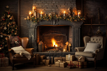 fireplace with Christmas gifts, fireplace, fireplace with Christmas decorations, Adorned Christmas Tree, Wreath, and Garland Inside Living Room