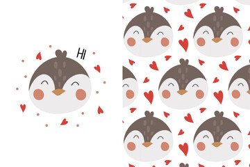 Cute cartoon penguin print and pattern in flat style. Pattern with penguin and hearts. Baby print in scandinavian style. Valentine day background.