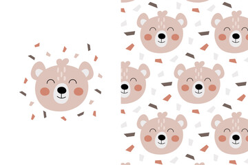 Pattern and print with a cute bear. Festive background with teddy bears and confetti in flat style. Cute baby print.
