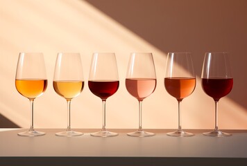 Six glasses filled with different types of wine arranged in line, beige background. Generative AI