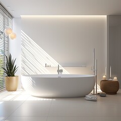 white ceramic bathtub in a minimalistic hotel bathroom with white interior