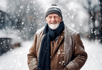 Obraz premium Momenti di Gioia- Uomo Anziano Sereno sotto la Neve