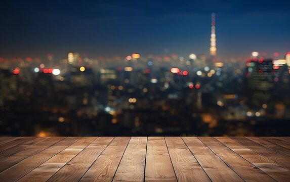 Wood table top with blurred Tokyo city night view background for website, copy space, for word, template, presentation