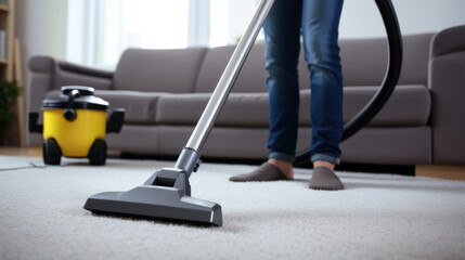 Person vacuuming the carpet at home with a modern vacuum cleaner